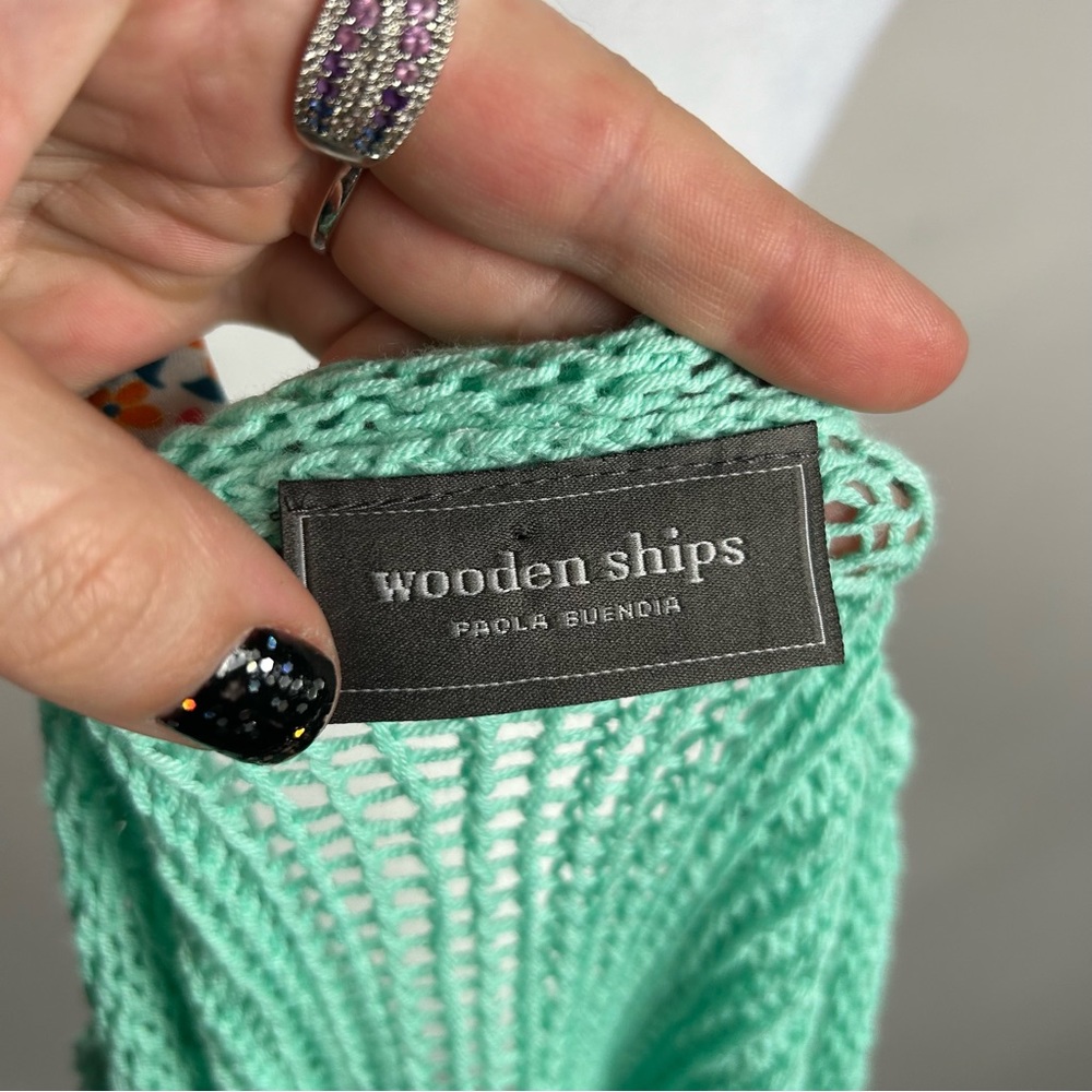 Wooden Ships Turquoise Open Knit Sweater Size Medium - Picture 3 of 6